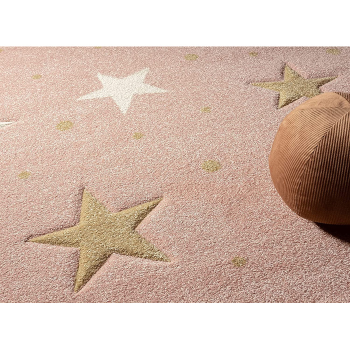 Сучасний м'який дитячий килим, М'який ворс, Легкий у догляді, стійкий до фарбування, яскраві кольори, Райдужний візерунок, рожевий, (120 см в діаметрі, рожеві зірки)