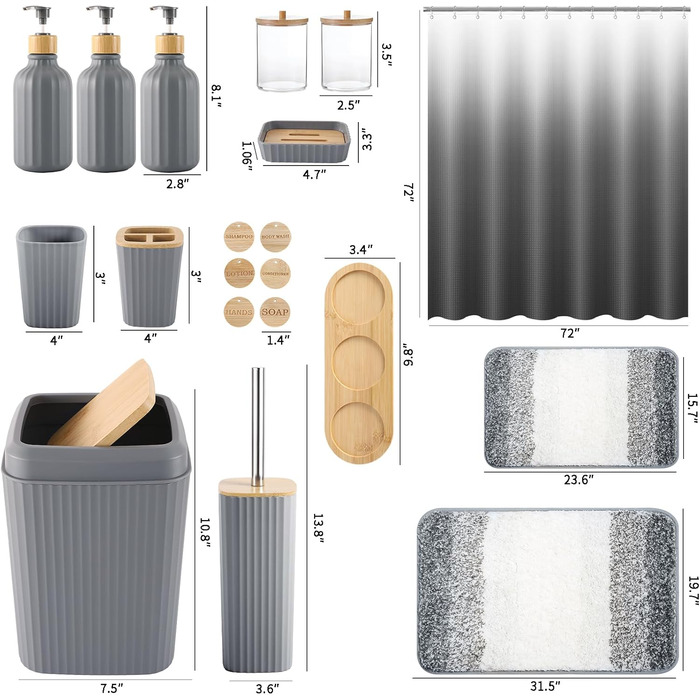 Набір для ванної кімнати 17 предметів: аксесуари, смітник, дозатори мила, тримач для зубних щіток, дерев'яні гачки (сірий). Підходить для ванної та кухні