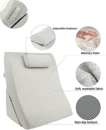 Подушка для спини Lesekissen з регульованою підголівником, з піною з пам'яті, знімний чохол, дихаюча та неслизька, ручка – трикутна для спини, шиї та ніг, 60 x 50 x 30 см
