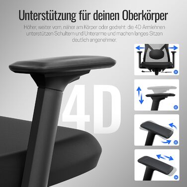 Yaasa Chair Plus: Ергономічне офісне крісло з підголівником, 2D-підтримкою попереку та 4D-підлокітниками. Переможець тесту! Чорний, до 150 кг.