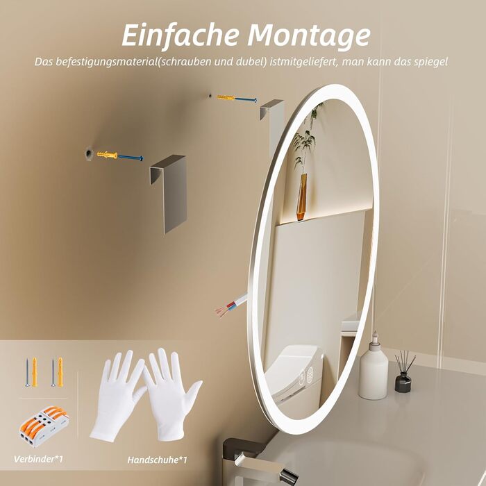 Дзеркало для ванної кімнати HySail з підсвічуванням, 5 мм, висока роздільна здатність, срібне покриття, 3 колірні температури та регульована яскравість, настінне дзеркало з сенсорним перемикачем та антизапарюючим покриттям, кругле (3 кольори + регулювання