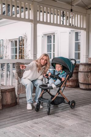 Дитяча коляска MoMi Estelle (6 місяців+, до 15 кг), сіро-золота. Зручна, компактна, з 5-точковим ременем безпеки, кошиком для покупок та функцією лежання. Телескопічна ручка для зручного пересування.