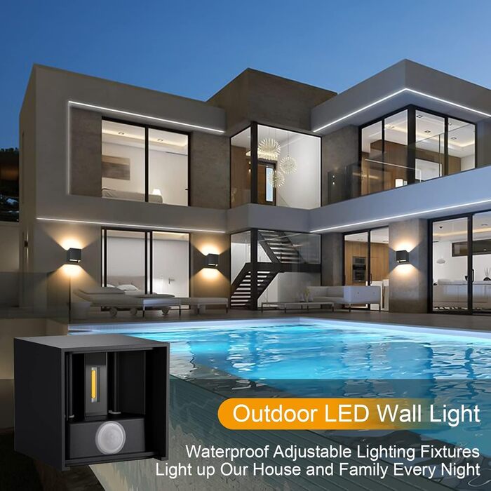 Klighten Зовнішня лампа з датчиком руху 12W, IP65, 3000K тепле біле світло, для внутрішнього та зовнішнього використання, регульований світловий потік, чорний колір