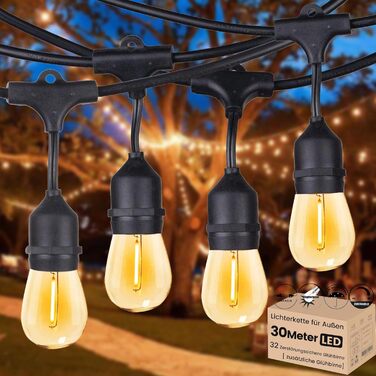 Ланцюжок прикрас для зовнішнього використання 30 м, ST45, LED, E27, тепле біле світло 2700K, IP65, вологостійкий, 30 x 1W, скляні лампочки S14 для вечірок та святкування