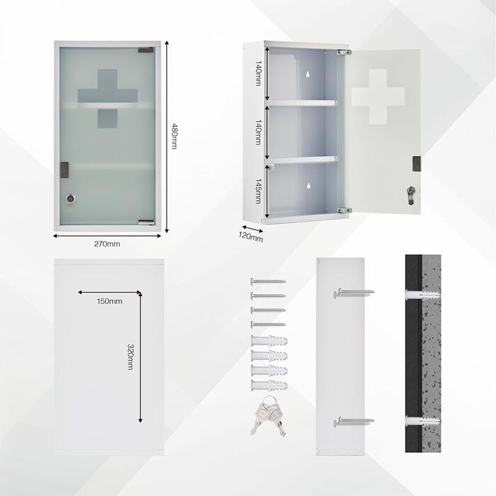 Медичний шафчик Zedelmaier з нержавіючої сталі, 4 відділення, з ключем, для зберігання ліків, білий (57 x 27 x 12 см)