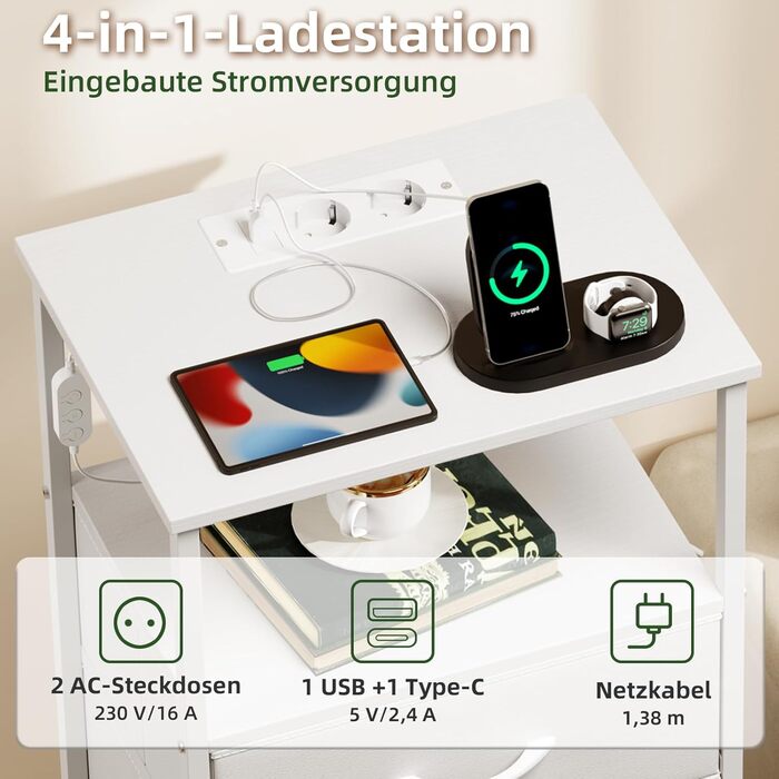 Нічний столик Somdot з LED, USB та Type-C, 2 висувні ящики, штучна шкіра, білий (30x40x60 см)