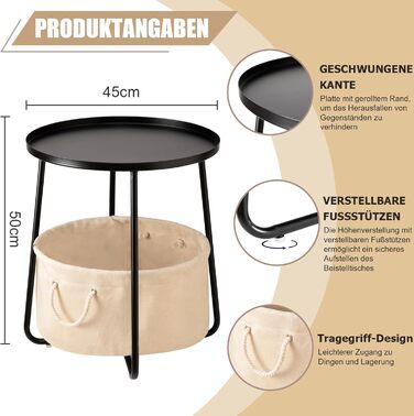 Круглий металевий журнальний столик Danpinera з тканинним кошиком для зберігання для дитячої кімнати, вітальні, чорний