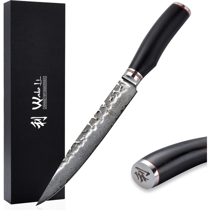 Ніж кухарський Wakoli EBO Premium з лезом 20 см з дамаської сталі 67 шарів та ручкою з чорного дуба | Професійний ніж для кухні