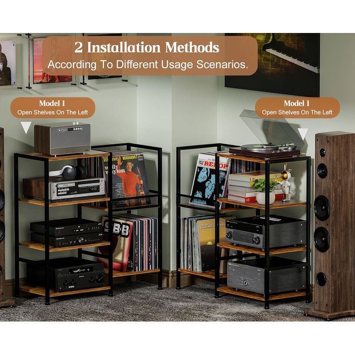 Підставка для програвача з полицями для вінілових платівок, до 200+ альбомів, медіа-тумба, консольний столик, стійка для аудіо-відео, підставка для програвача, полиця в стилі рустік, коричнева, компактна