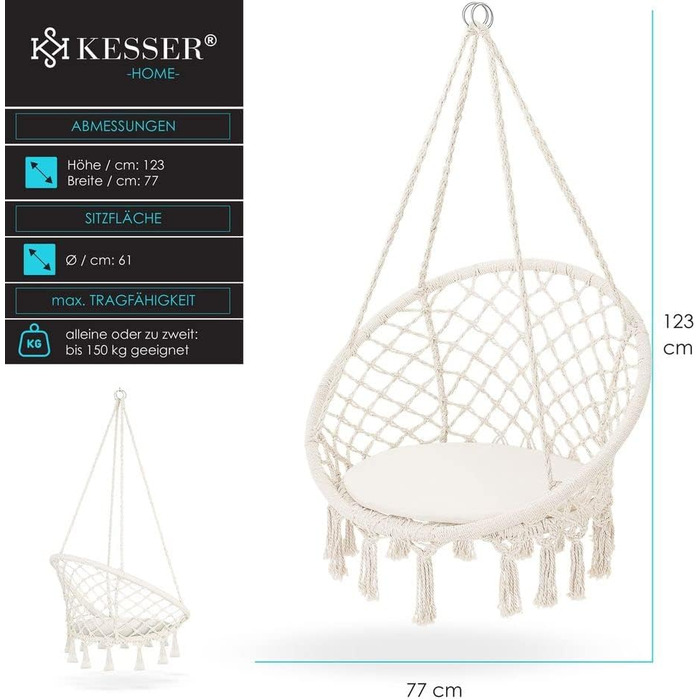 Крісло-гамак KESSER 150кг, сталеві кільця, подушка сидіння, бахрома, атмосферостійка, бежевий