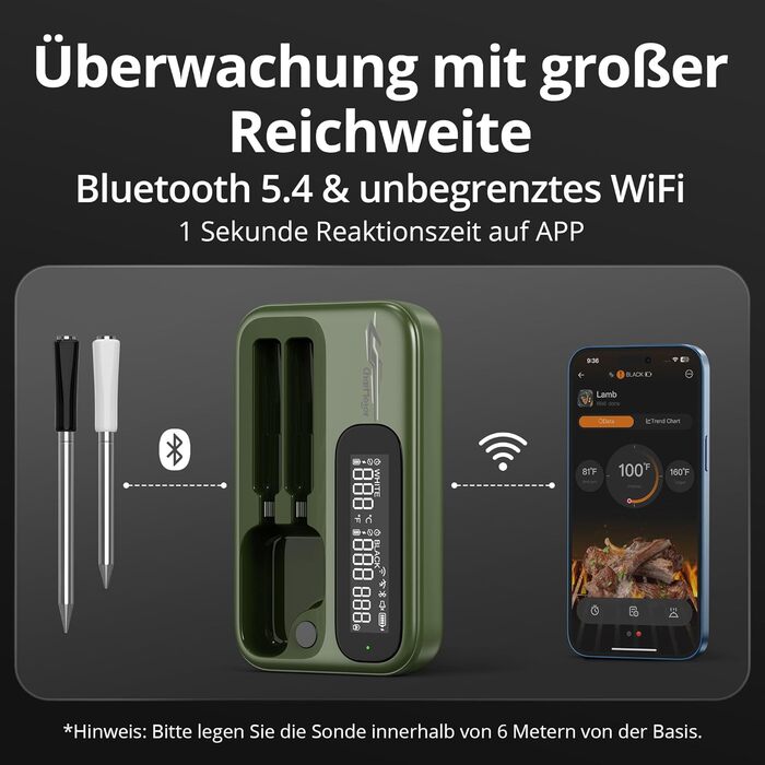 Бездротовий термометр для м'яса з 2 зондами, Bluetooth 5.4, Wi-Fi, LED-дисплей, для приготування BBQ та кулінарії