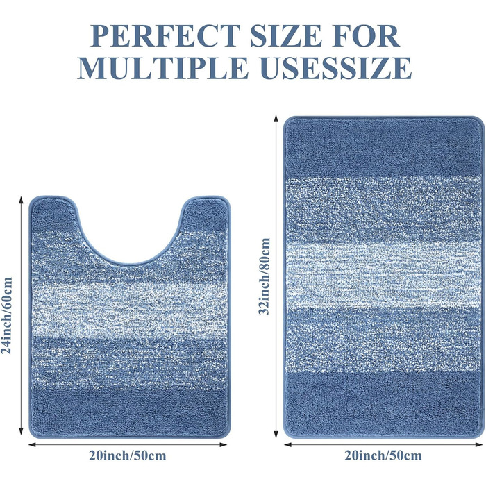 Набір килимків для ванної кімнати: душовий килимок, килимок для туалету, килимок для ванної (блакитний, 50x80 + 50x60 см)