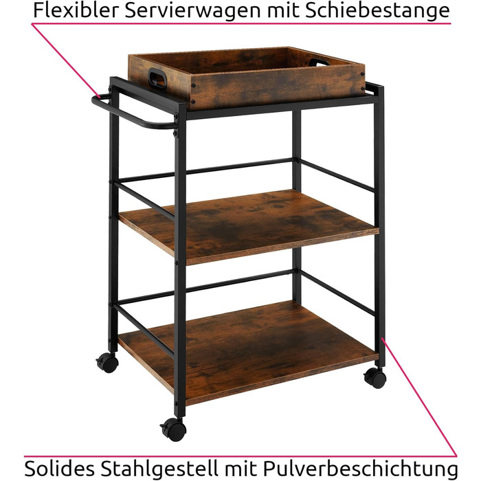 Візок для сервірування Tectake, 65x41.5x87 см, знімний піднос, 2 дерев'яні полиці, індустріальний стиль, чорний метал