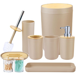 Набір аксесуарів для ванної кімнати iMucci (9 шт.) з бамбуковим покриттям, пастельно-зелений, бежевий: смітник, щітка для унітазу, тримач для зубних щіток, диспенсер для лосьйону/мила, мильниця, стакан для зубних щіток, тримач для ватних паличок