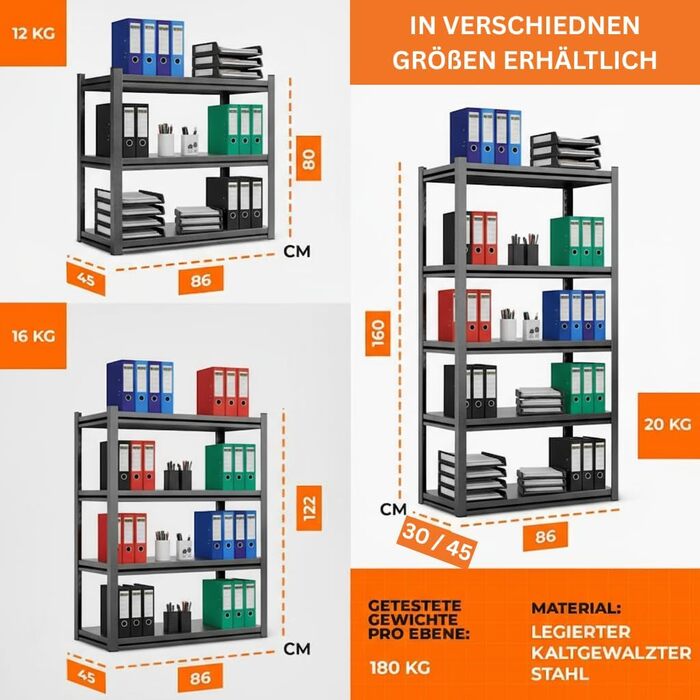 Металевий стелаж з металевими полицями, 5 ярусів, 160x86x45 см. Міцний, швидко збирається, стійкий до плісняви. Ідеально для підвалу, складу та дому.