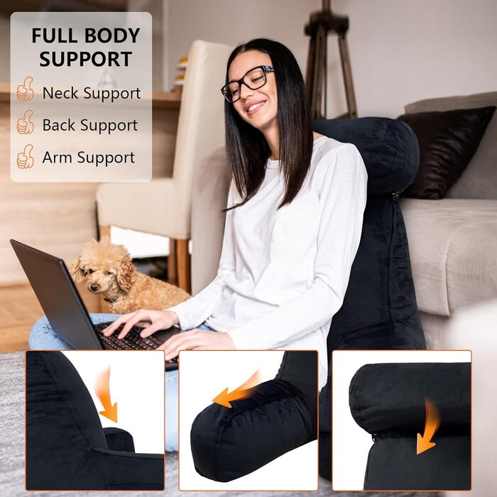 Велике подушечне крісло-гніздочко з валиками для шиї, чорне - для читання, перегляду телевізора, ігор та відпочинку в ліжку або на дивані