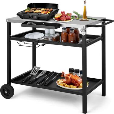 Гриль-візок LEADZM: гриль-стіл для вулиці, 95 x 45 x 83 см, стіл з нержавіючої сталі срібного кольору, на колесах, мобільний, сервісний візок для садів, чорний (97x51x83 см)