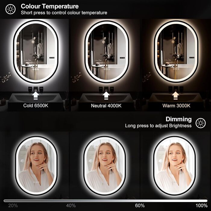 Круглий LED-дзеркало для ванної кімнати ChillCruiser 50 см з чорною рамою, антизапар, 3 кольори, функція Memory