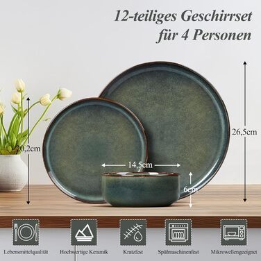 Набір посуду Joyfair на 6 осіб (18 предметів), кераміка, темно-зелений, для мікрохвильовки та посудомийної машини. Елегантний гладкий дизайн.