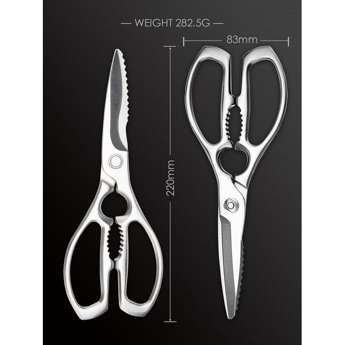 Кухонні ножиці важкі – з нержавіючої сталі 3Cr14, міцні для м'яса, птиці та овочів, з відкривачем пляшок, придатні для миття в посудомийній машині, 22,8 см, 5 років гарантії, сріблястого кольору