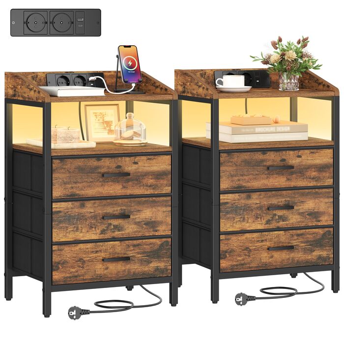 Приліжкові тумбочки Hzuaneri з LED-підсвічуванням та функцією зарядки, 2 шт. (Вінтаж коричнево-чорний), 3 висувні ящики з тканини, USB-порти та розетки для спальні/вітальні