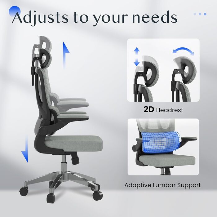 Органічний офісний стіл FLEXISPOT з 2D-підголівником, відкидними підлокітниками та динамічною поперековою підтримкою. Стілець з функцією нахилу 120° для дому, офісу та робочого кабінету (51 x 73 x 115 см, сірий)