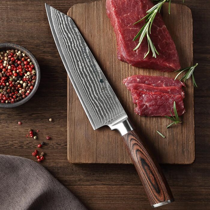 Японський ніж Wakoli EDIB Kiritsuke з дамаської сталі (серцевина VG10), 20 см – професійний ніж для кухні та приготування їжі, з ручкою з паккавуда, у подарунковій коробці з гравіюванням