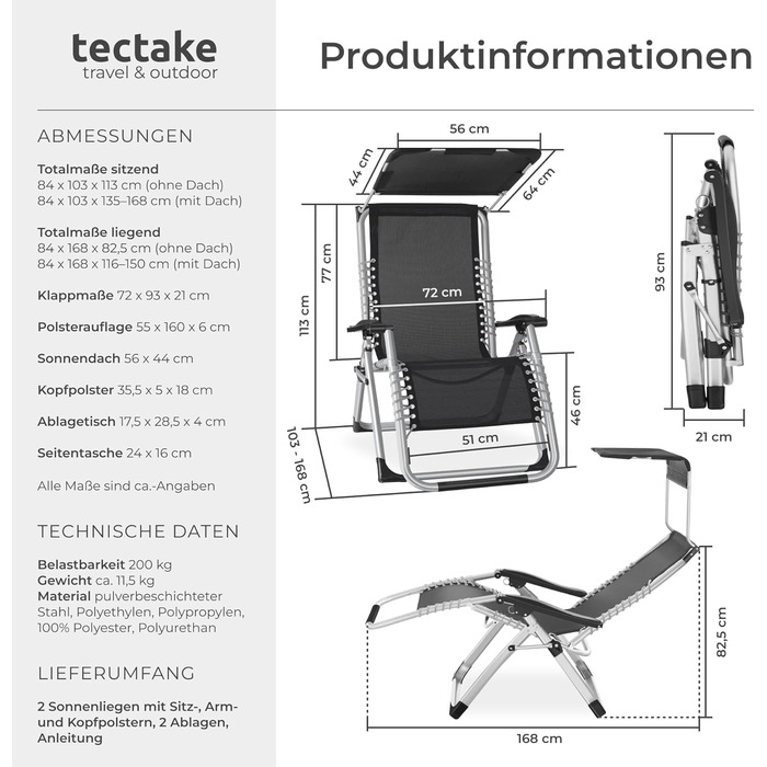 Тектейк® Розкладна сонцеліжко, шезлонг для саду з сонцезахисним дахом, вуличній крісло для балкону або саду, лежак з додатковою товстою подушкою, розслаблююче крісло, витримує до 200 кг - (2 шт. з сонцезахисним дахом, світло-сірий)