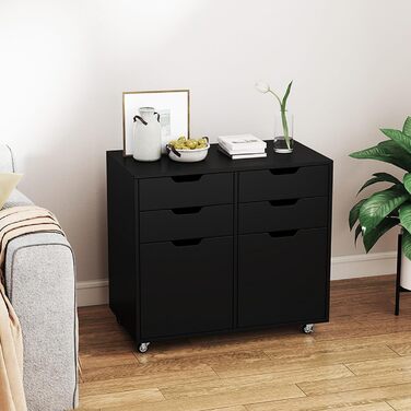 Шафа для документів Komfotteu з 5 колесами, контейнер на коліщатах з 4 шухлядами та 2 дверцятами, дерев'яний офісний контейнер, шафа для документів, візок для офісу, стіл для принтера для офісу, вітальні (Білий) (Чорний)