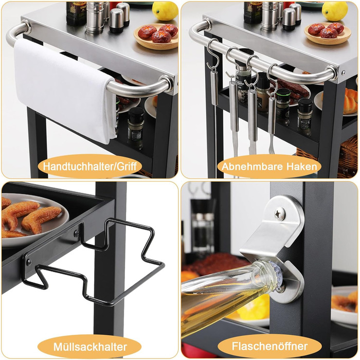 Grillwagen LIFERUN з нержавіючої сталі, 3 яруси, стіл для гриля, вуличний, з нержавіючою сталею, з гачками, на колесах