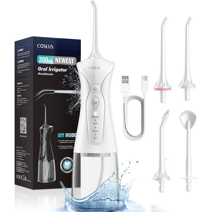 COSLUS Бездротовий електричний іригатор для рота: 4 режими, портативний, 300 мл резервуар, тестер-переможець, легкий у використанні, скребок для язика, догляд за зубами, для подорожей, світло-зелений (білий)