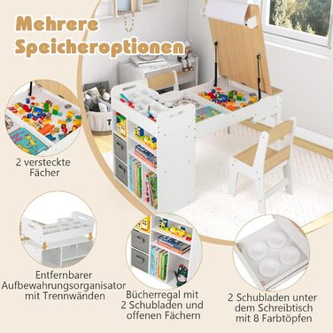 Детский стол Dreamade 3 в 1 с 2 стульями из дерева, стол для рисования с откидной столешницей и 2 тканевыми ящиками & рулон бумаги, детская мебель с хранением для детской комнаты (Натуральный, с 7 секциями)