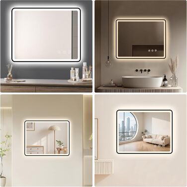 LED дзеркало для ванної кімнати 80x60 см з підсвічуванням, диммер, протитуманне покриття, 3 кольори світла, IP44, функція пам'яті, горизонтальний/вертикальний монтаж