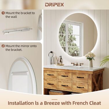 Дзеркало для ванної кімнати Dripex LED з підсвічуванням, кругле, сенсорне управління, регулювання яскравості, 3 кольори світла, запобігання запотіванню, 80x80 см