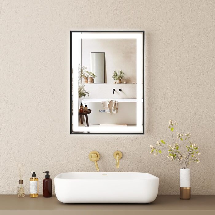 Дзеркало для ванної кімнати YOURLITE з підсвіткою, 85x55 см, LED, сенсорне керування, 3 кольори світла, регулювання яскравості, протизапобігання запотіванню, вертикальна/горизонтальна орієнтація, IP44, білий (чорний-5070)