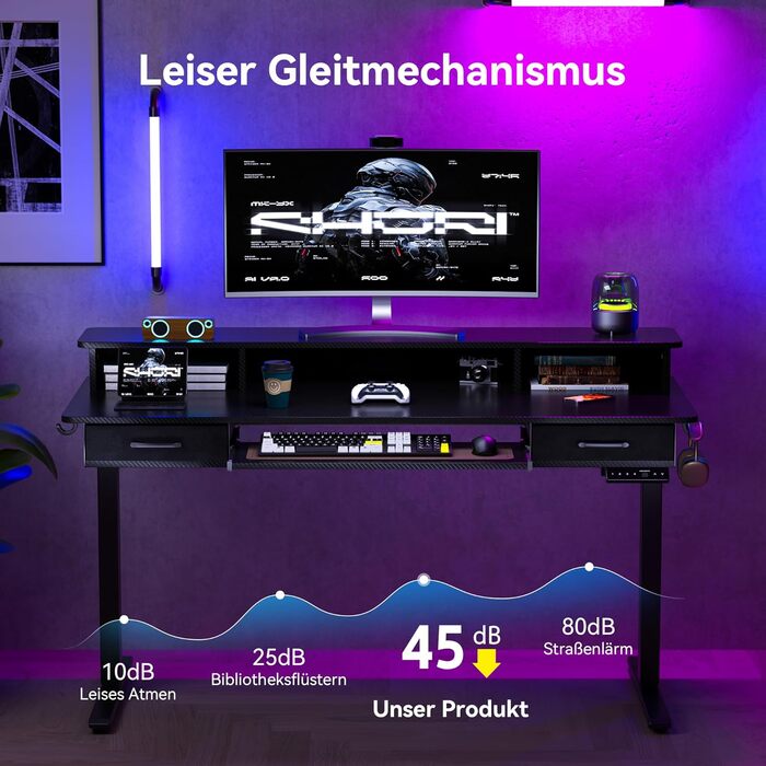 Регульований за висотою стіл Höfer з підставкою для клавіатури, 160x60 см. Стіл для комп'ютера з 2 шухлядами, підставка для монітора для дому/офісу, чорний 160 x 60 см