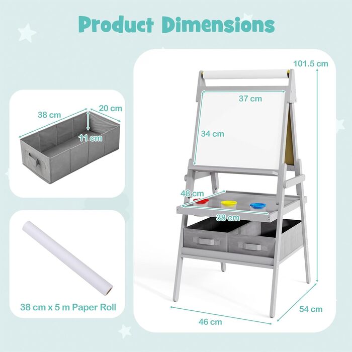 Дитяча мольберт DREAMADE 3 в 1: магнітна дошка, крейдяна дошка, рулон паперу, 4 стаканчики для фарби та 2 тканинні коробки. Для дітей від 3 років (білий, сірий)