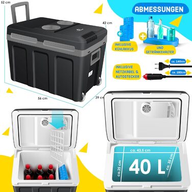 Термобокс KESSER® 40L з колесами | Холодильник-грілка 12/230V | Для авто, човна, кемпінгу | З акумуляторами холоду та тримачами для напоїв (Чорний/Сірий)