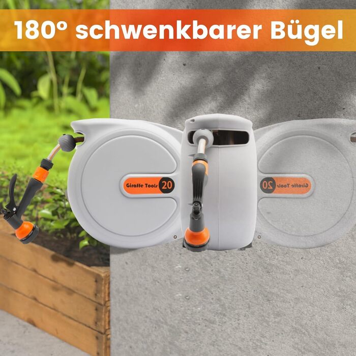 Спіральний шланг для саду Giraffe Tools Wandmontierte Schlauchbox з автоматичним намотуванням, 2м + 20м, 7 насадок, поворотний на 180°
