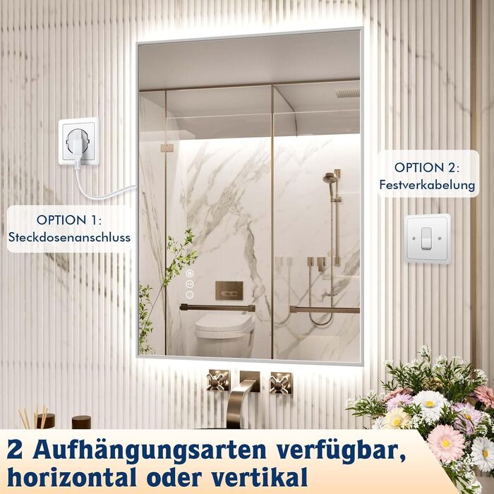 LED дзеркало для ванної кімнати 60x80 см з підсвічуванням, сенсорне, регулювання яскравості, 3 кольори світла, проти запотівання, водонепроникне IP44, горизонтальне/вертикальне