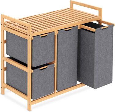 Кошик для білизни iEGrow з 4 відділеннями, 150л, бамбуковий візок для білизни з полицею, місткий кошик для брудної білизни з оксфордської тканини (сірий)