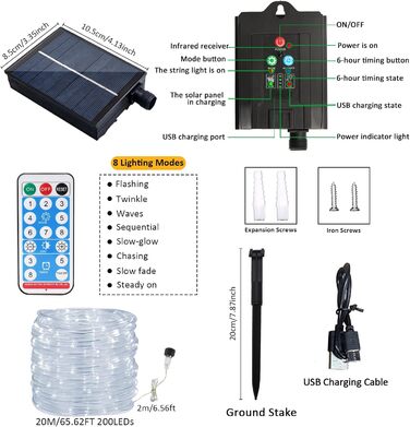 Сонячний світлодіодний мотузковий ліхтар JIMACRO, IP65, 200 світлодіодів, 8 режимів, 22 м, білий, для саду та різдвяного декору