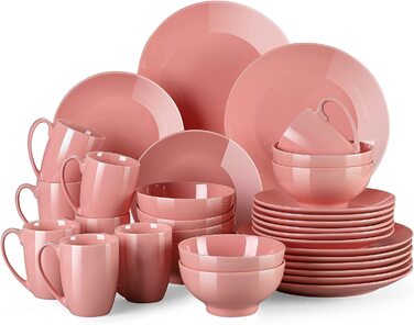 Сервіровка столових фарфор, LOVECASA SWEET 32 шт. комбінований сервіз барвистий, обідній набір посуду на 8 осіб обідні тарілки, чашки, десертні тарілки і миски (рожевий, набір посуду з 32 предметів)