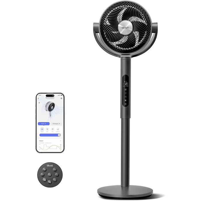 Вентилятор Levoit з DC мотором, тихий (20dB), дальність обдування 30м, 2465 м³/год, з пультом керування, 4 режими, 12 швидкостей, таймер 12 годин, білий (Smart, сірий)