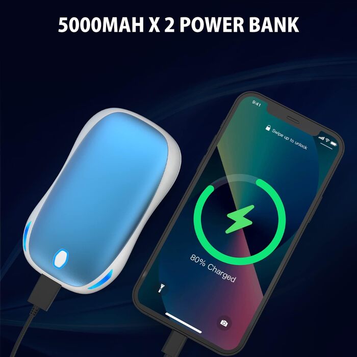 Електричний грієчка для рук 5000mAh, 2 шт. - багаторазовий кишеньковий грієчка для активного відпочинку, зимовий подарунок для дітей, жінок та чоловіків (блакитний)