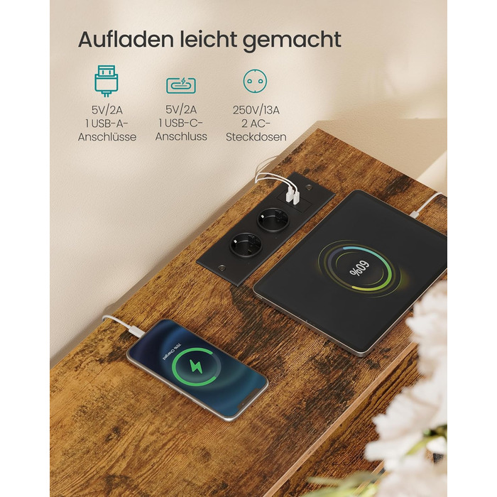 SONGMICS BELLAH: Комод з LED-підсвіткою, тумба з бездроговою зарядкою, 5 шухляд, індустріальний стиль, vintage brown + ink black