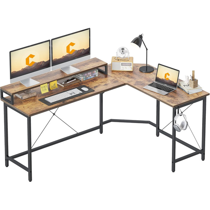 Ігровий стіл CubiCubi L-подібний, 150x120 см з підставкою для монітора та кишенькою, вінтажний коричневий