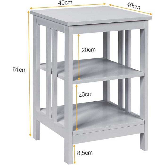 Приліжкова тумбочка LIFEZEAL 3 яруси, квадратна тумбочка з відкритою полицею, маленький журнальний столик для вітальні спальні, 45 x 40 x 62 см (сірий)