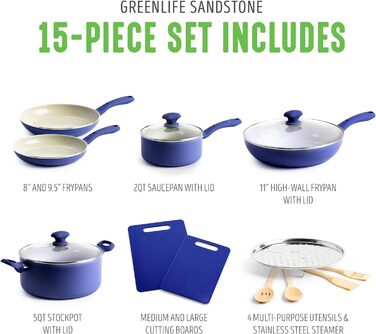 Набір посуду з антипригарним покриттям GreenLife Sandstone, 15 предметів, без вмісту PFAS, можна мити в посудомийній машині, сірий (синій)