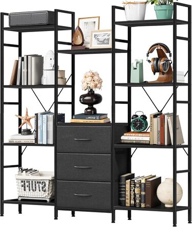 Стильна полиця-стеллаж з 4 висувними ящиками з тканини, 142 см, чорний колір. Ідеально для вітальні, офісу, кухні, балкону. Книжкова полиця, стелаж-куб, полиця для зберігання.